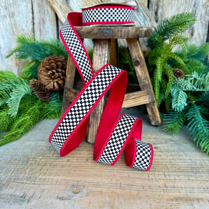 1" Black White Check Ribbon with Red Trim