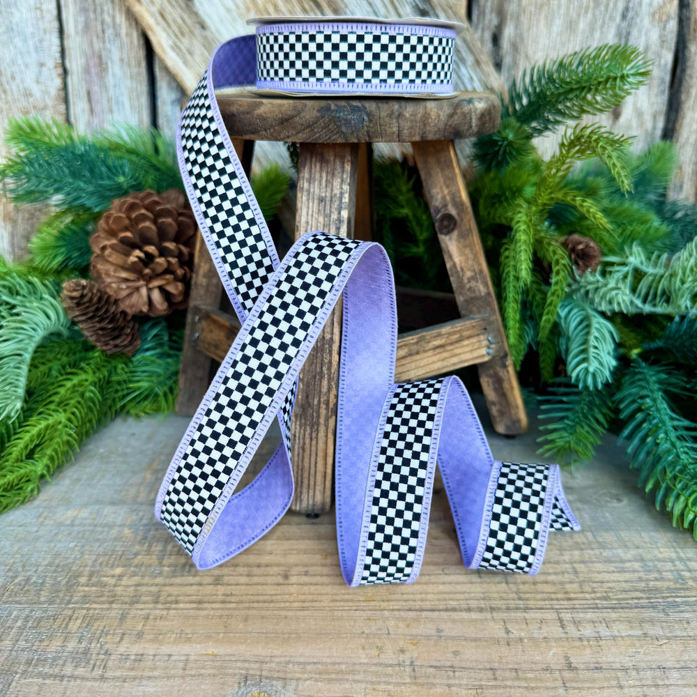 1" Black White Check Ribbon with Purple Trim