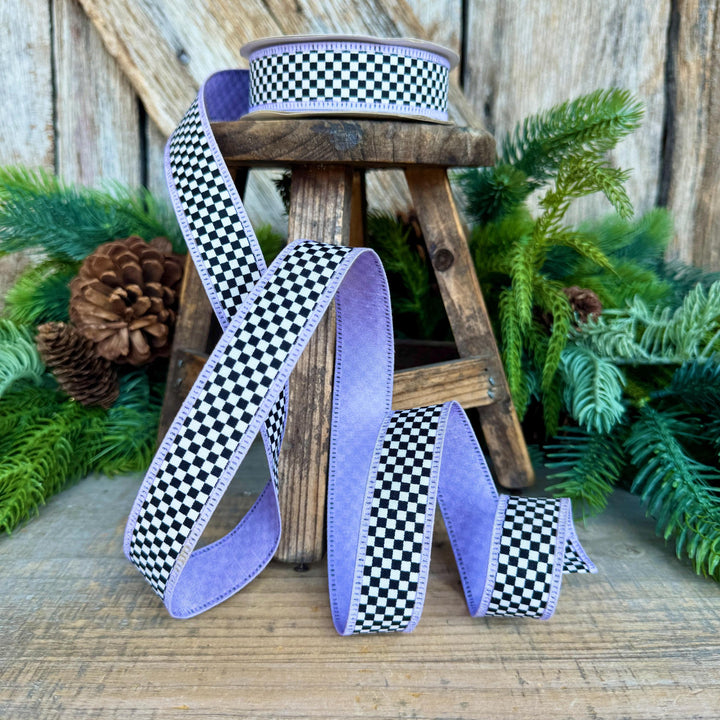 1" Black White Check Ribbon with Purple Trim