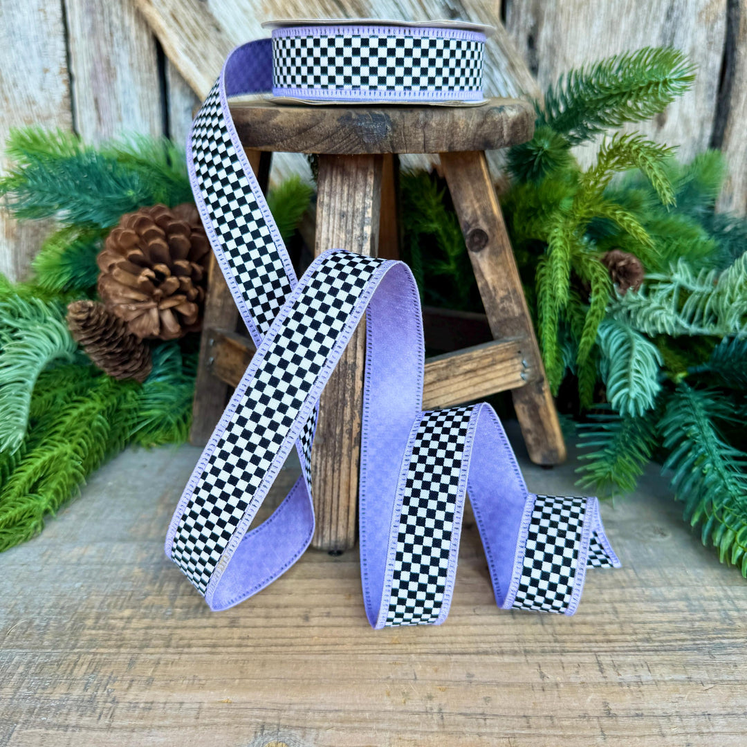 1" Black White Check Ribbon with Purple Trim