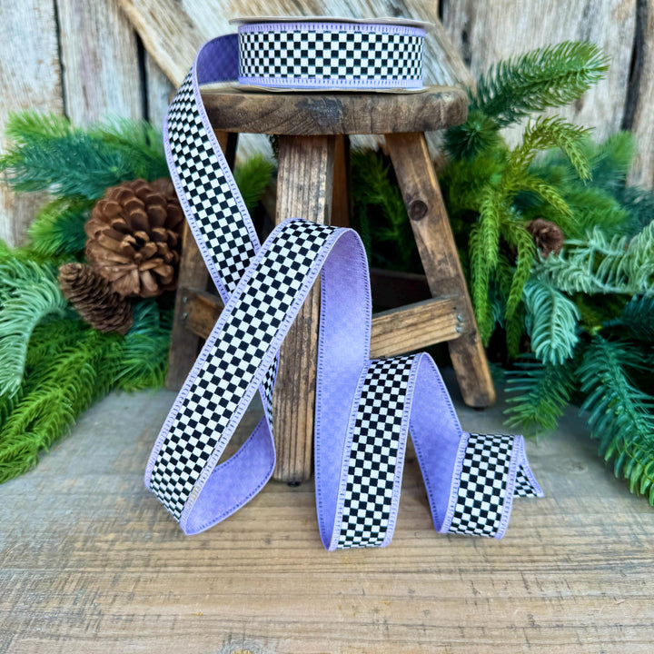 1" Black White Check Ribbon with Purple Trim