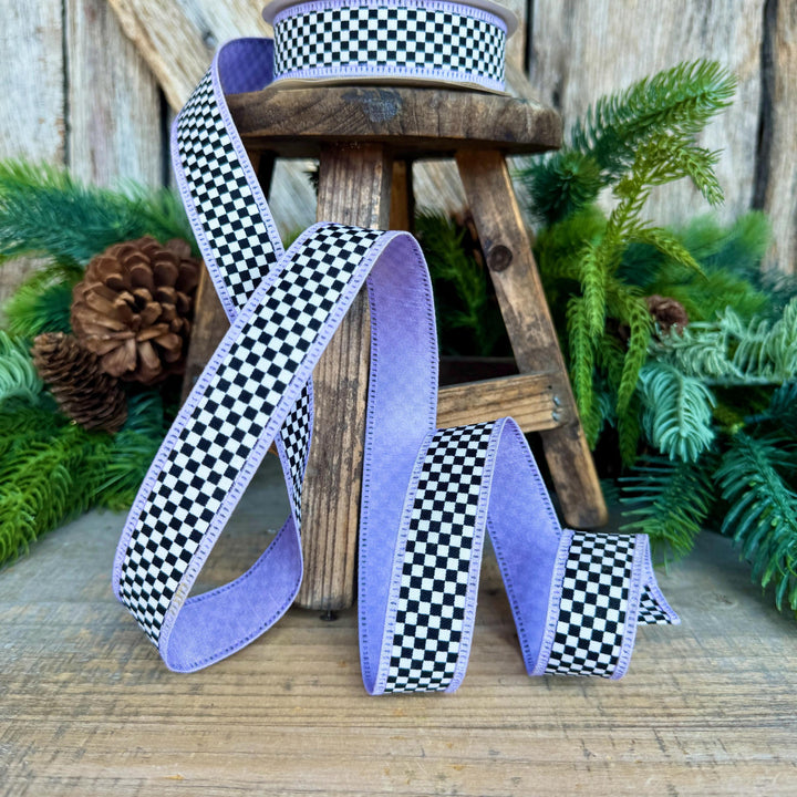 1" Black White Check Ribbon with Purple Trim