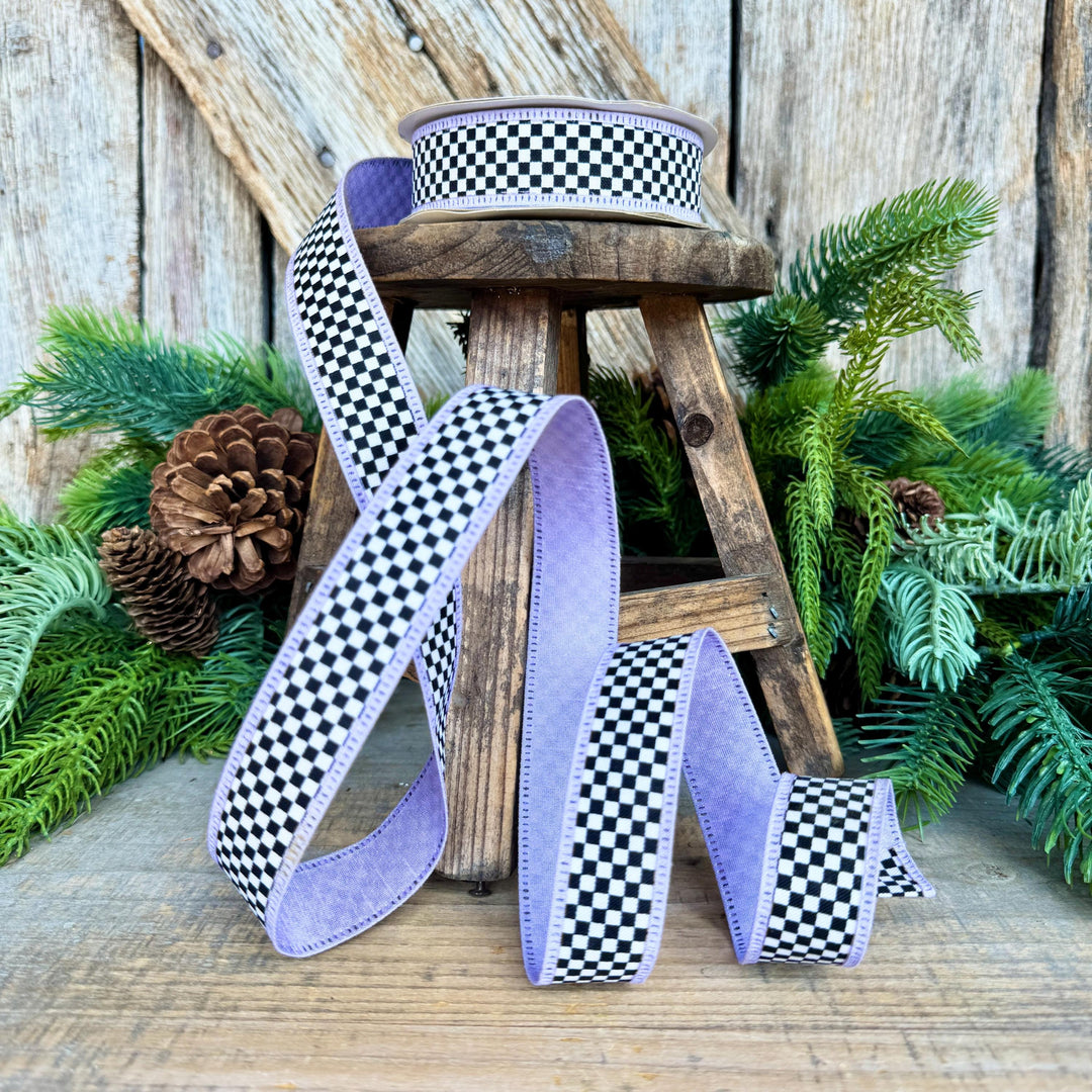 1" Black White Check Ribbon with Purple Trim