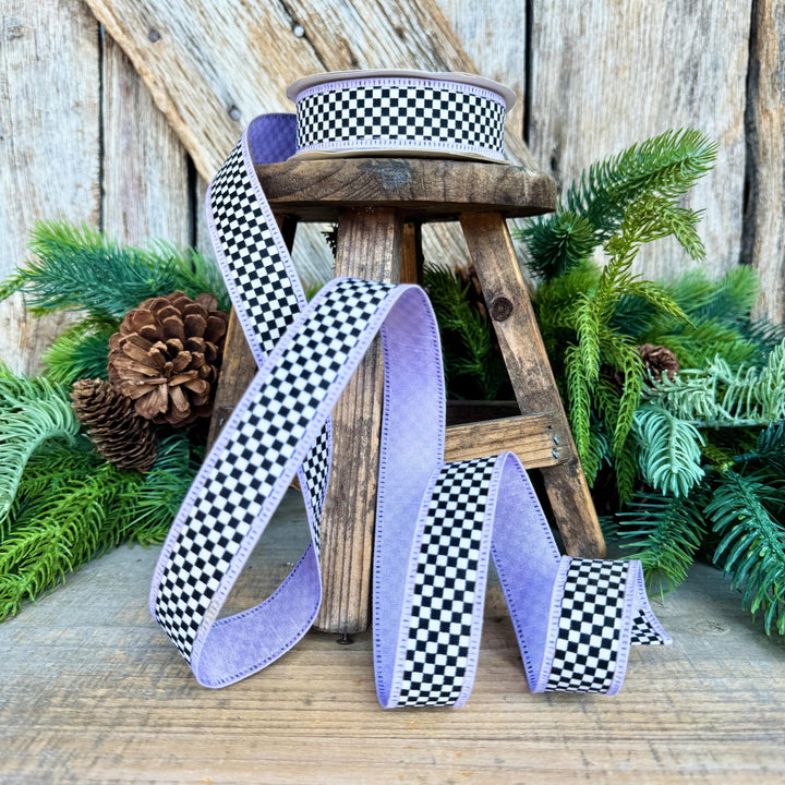 1" Black White Check Ribbon with Purple Trim