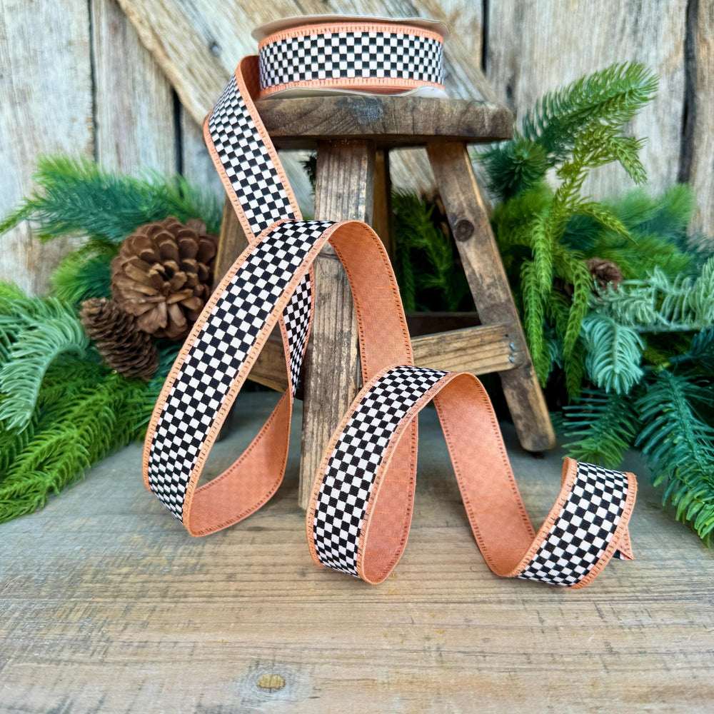 1" Black White Check Ribbon with Peach Trim