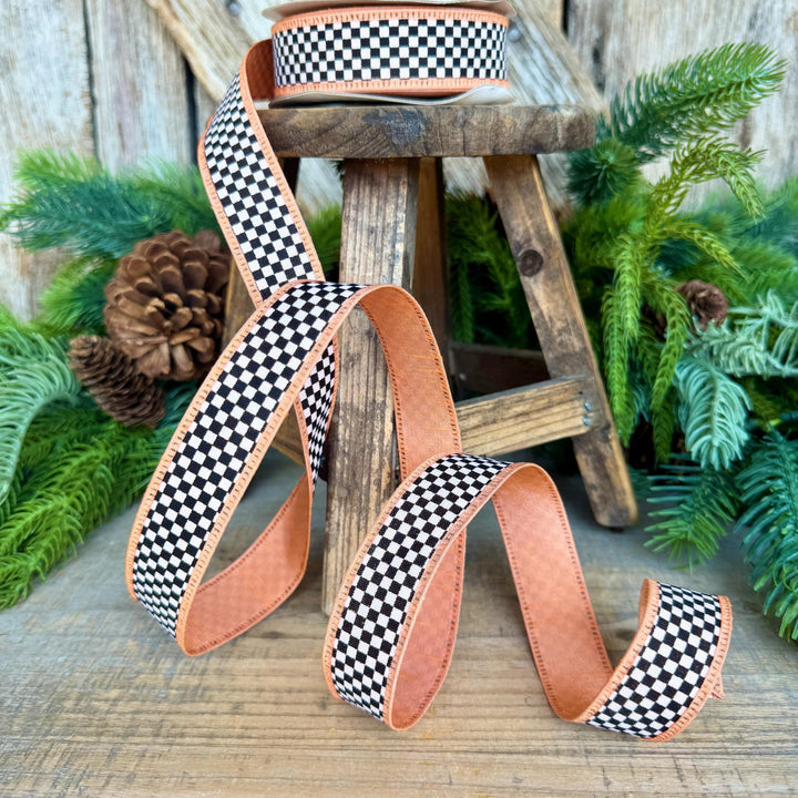 1" Black White Check Ribbon with Peach Trim