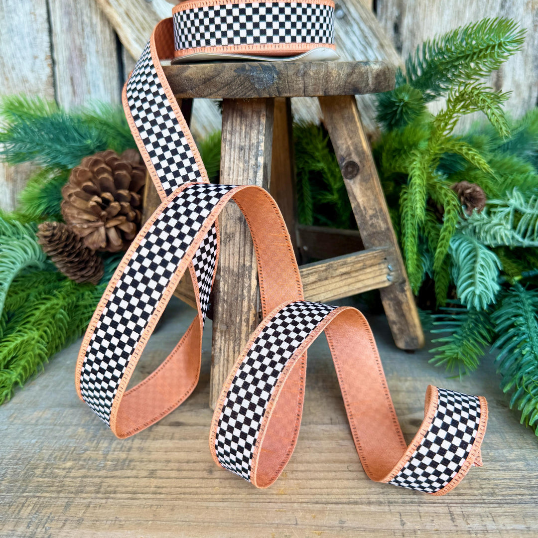 1" Black White Check Ribbon with Peach Trim