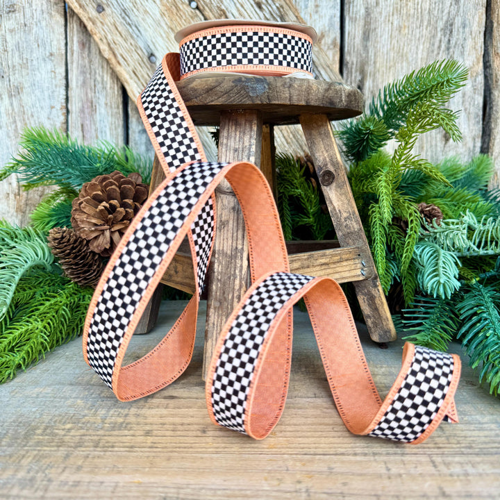 1" Black White Check Ribbon with Peach Trim