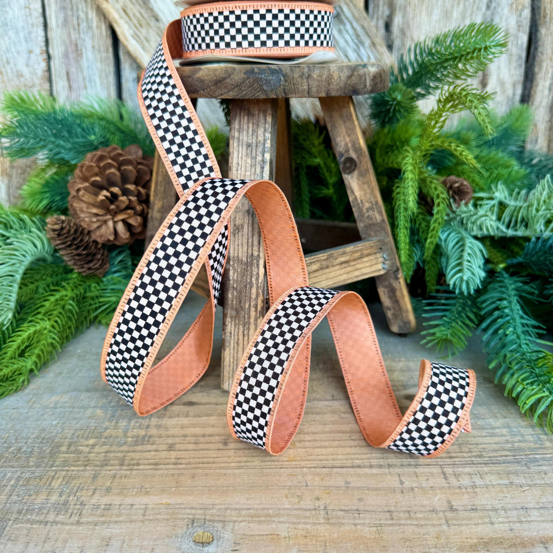 1" Black White Check Ribbon with Peach Trim