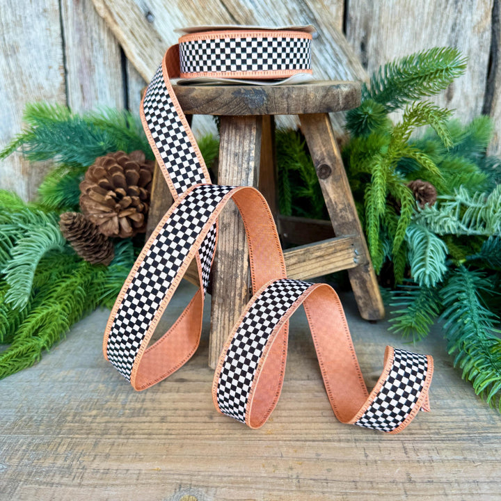 1" Black White Check Ribbon with Peach Trim