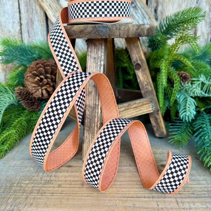 1" Black White Check Ribbon with Peach Trim