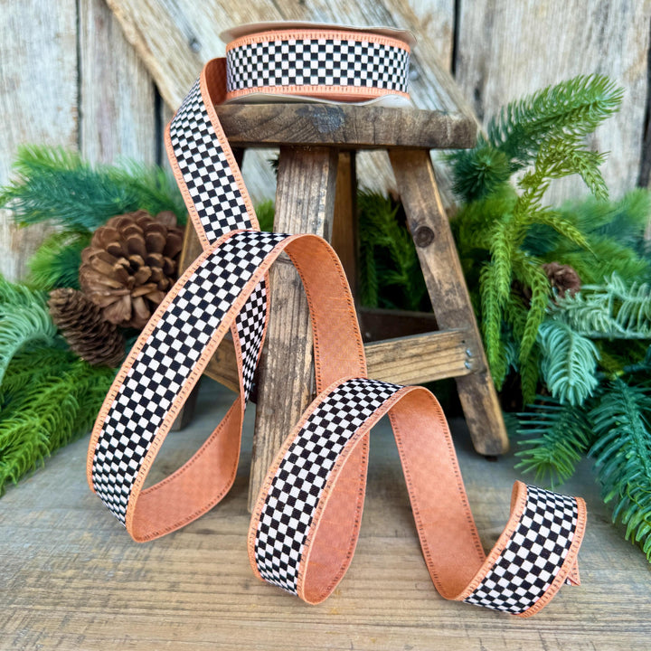 1" Black White Check Ribbon with Peach Trim