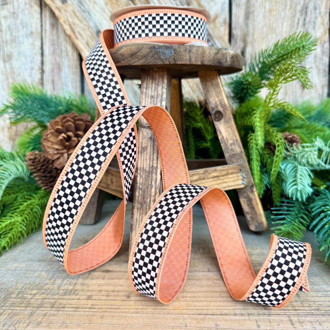 1" Black White Check Ribbon with Peach Trim