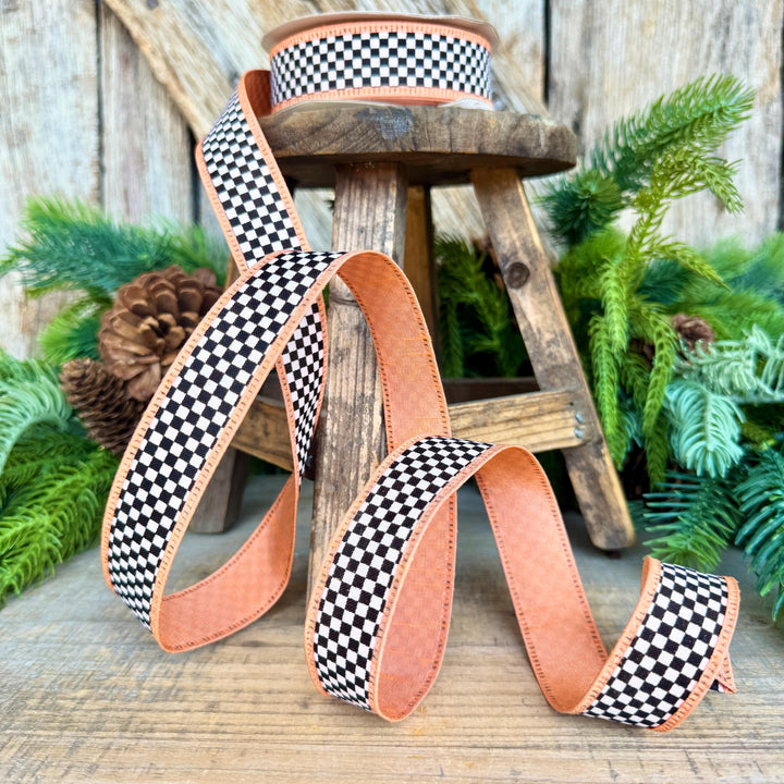 1" Black White Check Ribbon with Peach Trim
