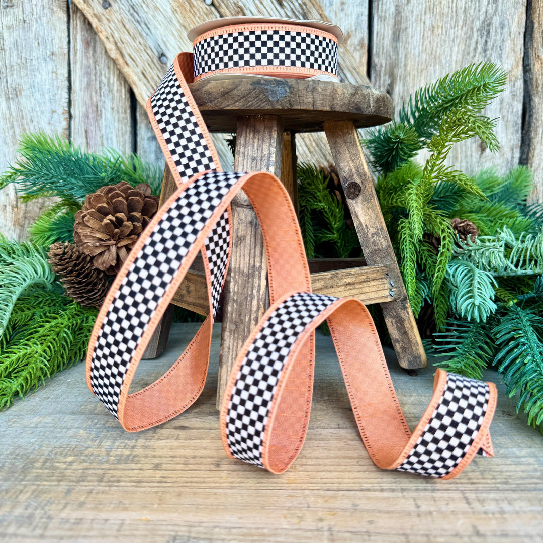 1" Black White Check Ribbon with Peach Trim