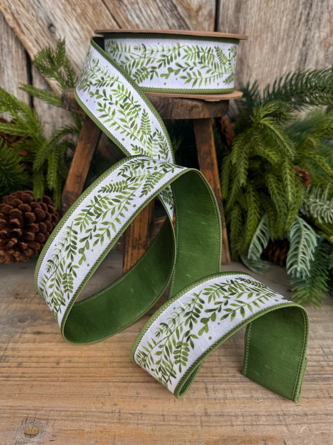 1.5" Green Leaf Ribbon, Wired Ribbon, Spring Ribbon