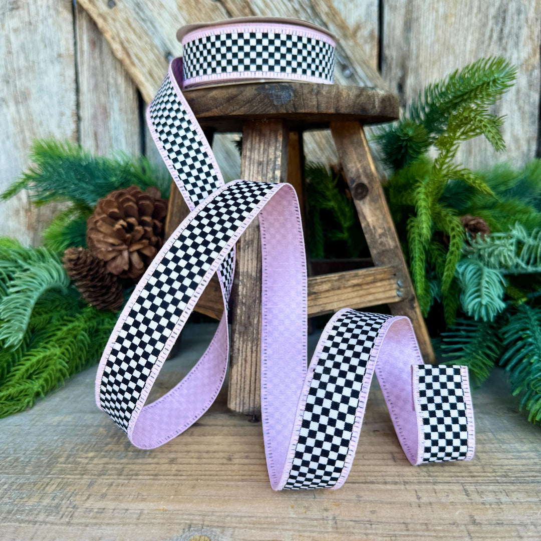 1" Black White Check Ribbon with Pink Trim