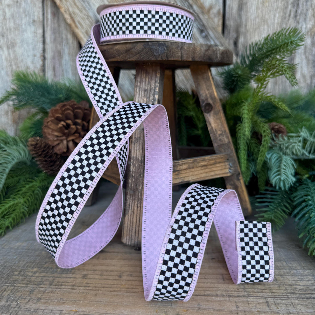 1" Black White Check Ribbon with Pink Trim
