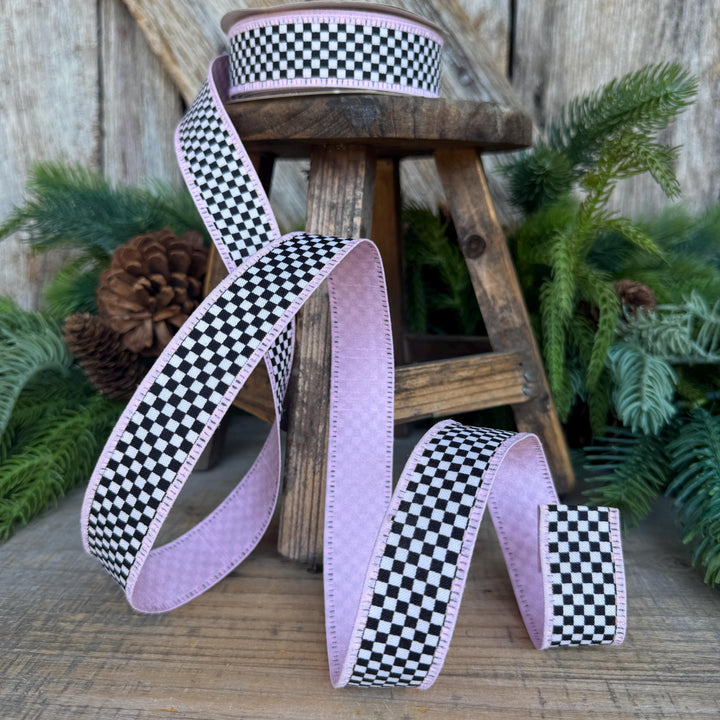 1" Black White Check Ribbon with Pink Trim