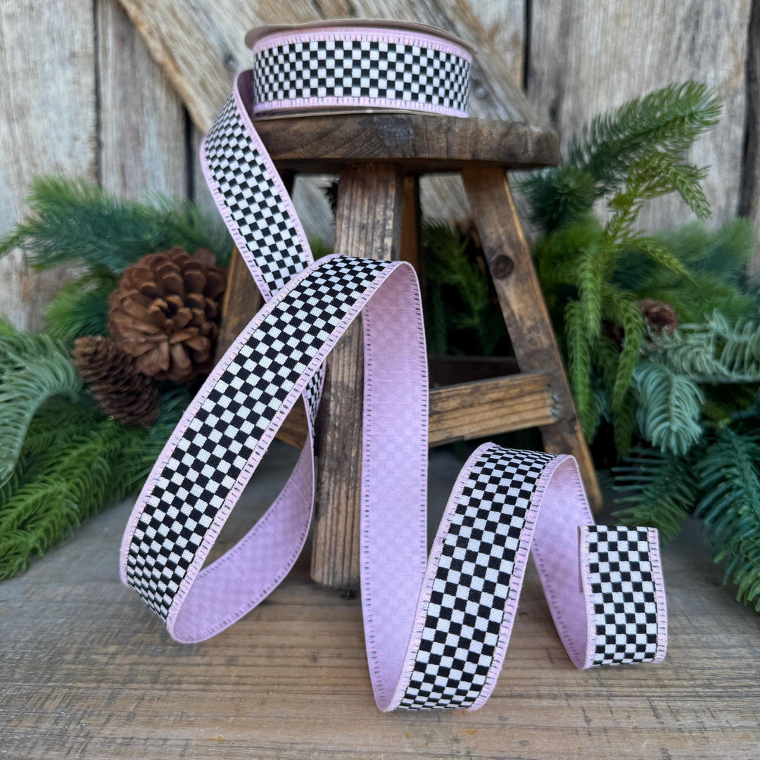 1" Black White Check Ribbon with Pink Trim