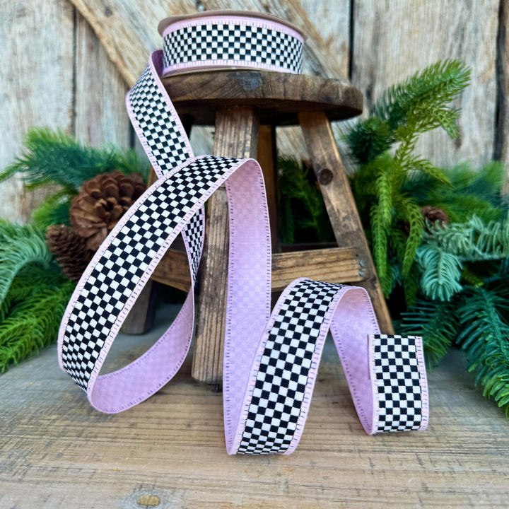1" Black White Check Ribbon with Pink Trim