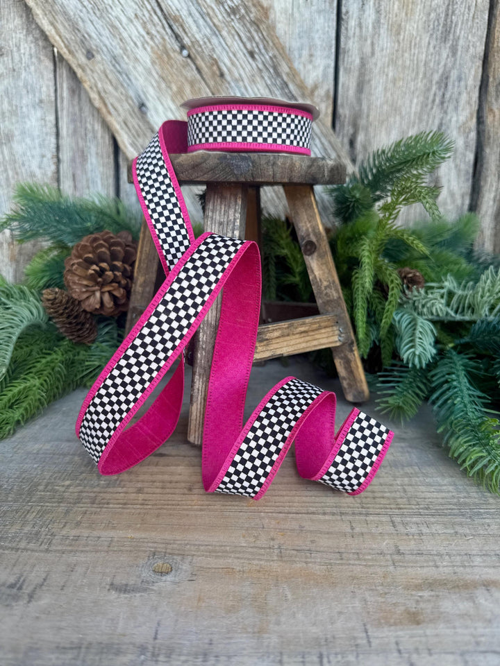 1" Black White Check Ribbon with Hot Pink Trim