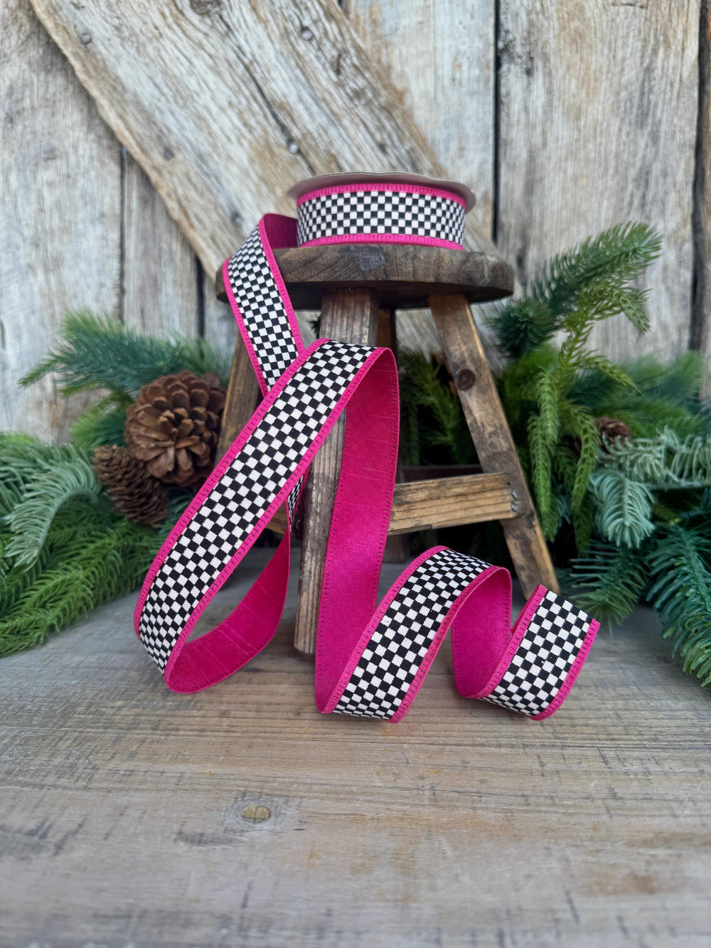 1" Black White Check Ribbon with Hot Pink Trim