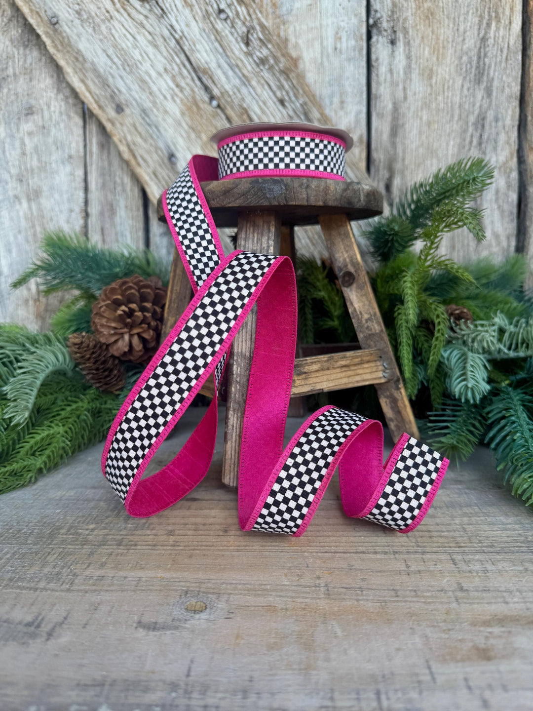 1" Black White Check Ribbon with Hot Pink Trim
