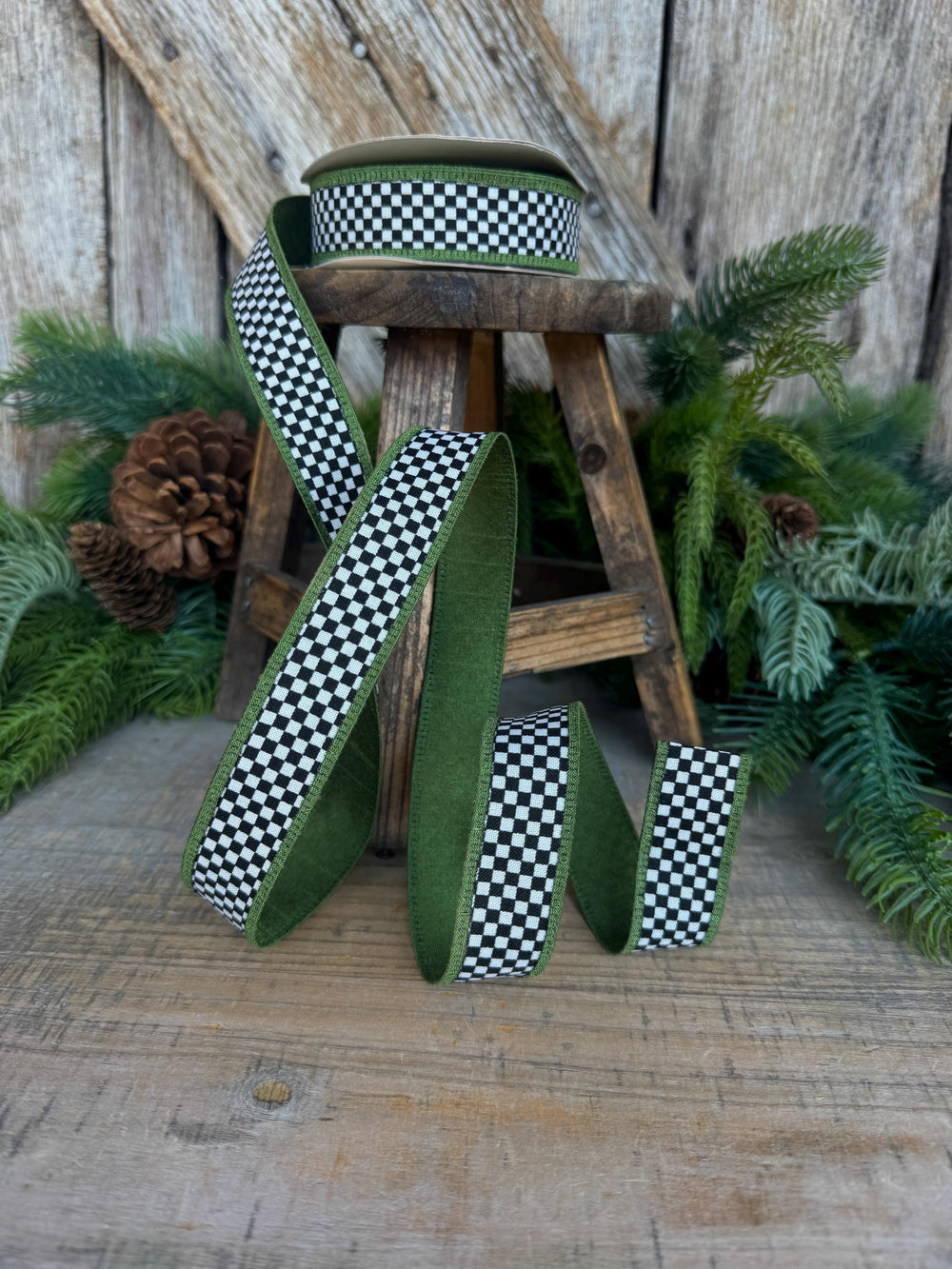 1" Black White Check Ribbon with Moss Green Trim