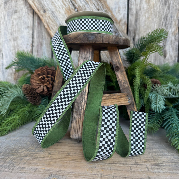 1" Black White Check Ribbon with Moss Green Trim