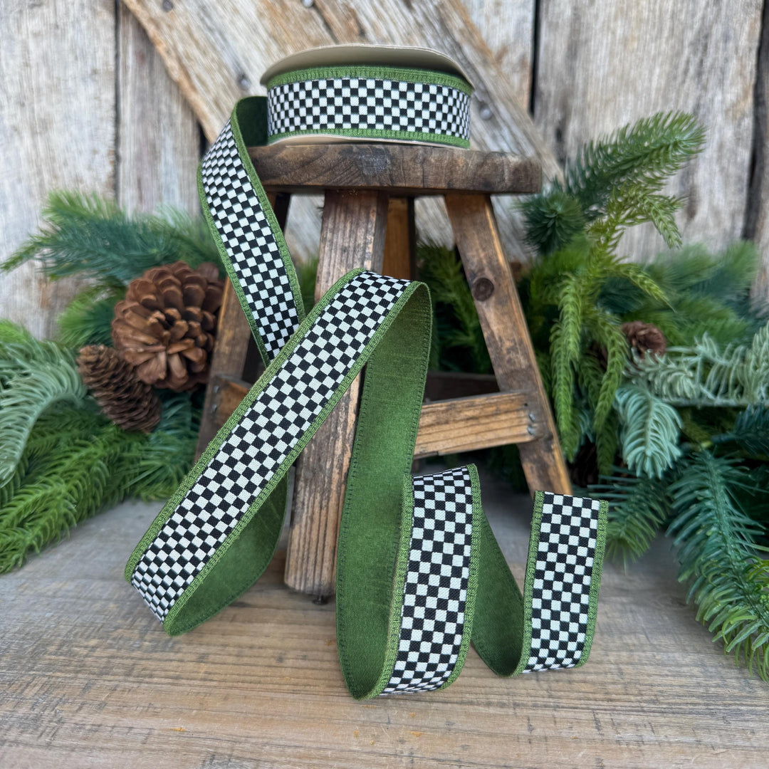 1" Black White Check Ribbon with Moss Green Trim