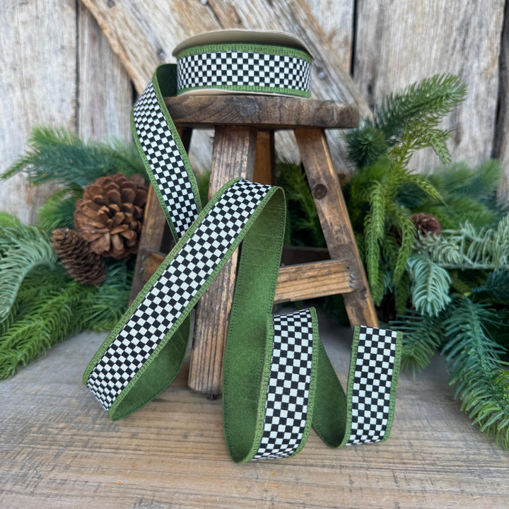 1" Black White Check Ribbon with Moss Green Trim