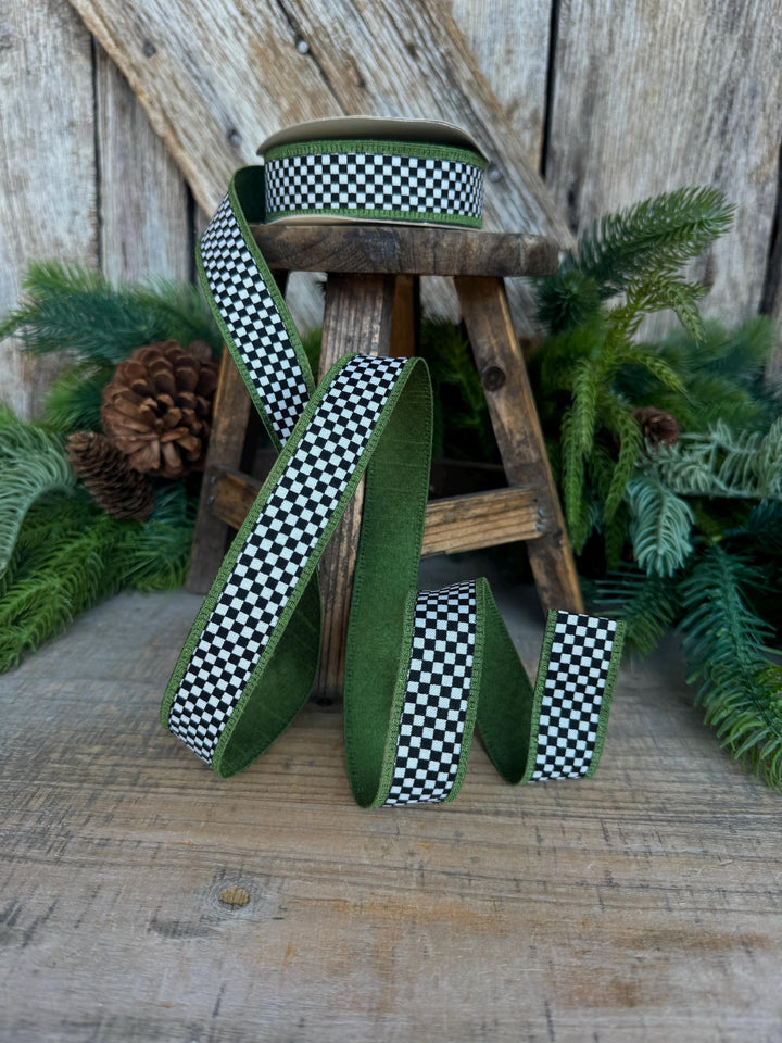 1" Black White Check Ribbon with Moss Green Trim