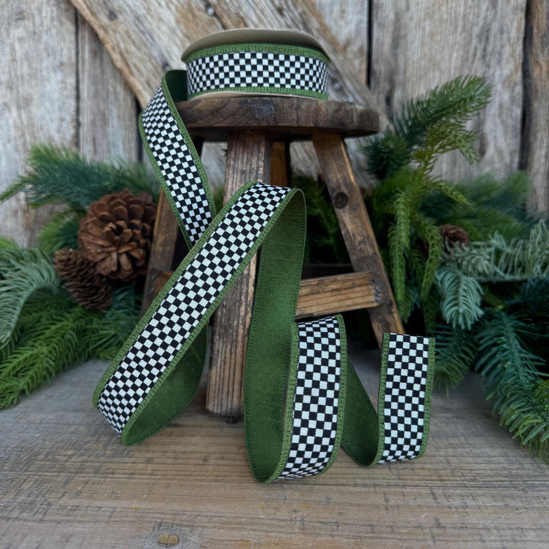 1" Black White Check Ribbon with Moss Green Trim