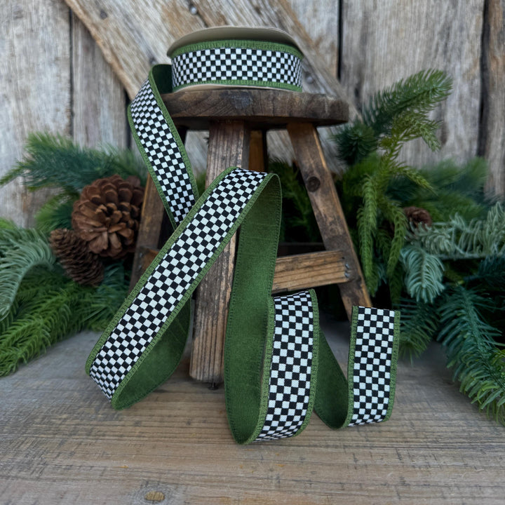 1" Black White Check Ribbon with Moss Green Trim