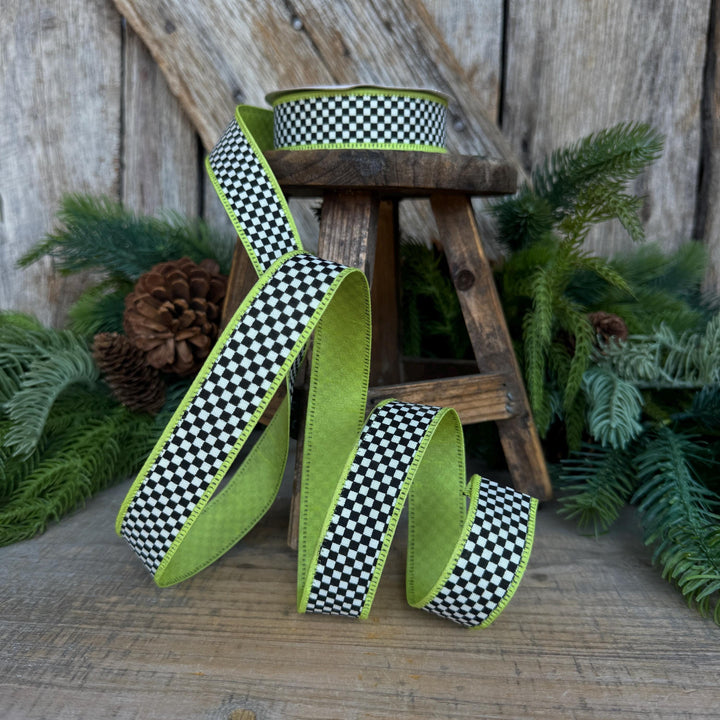 1" Black White Check Ribbon with Lime Green Trim