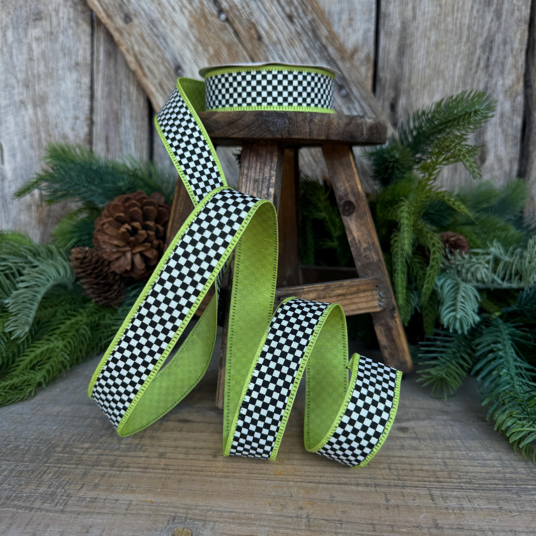 1" Black White Check Ribbon with Lime Green Trim