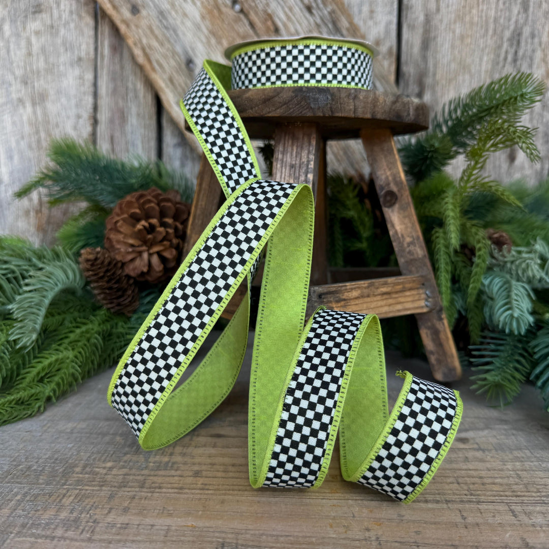 1" Black White Check Ribbon with Lime Green Trim