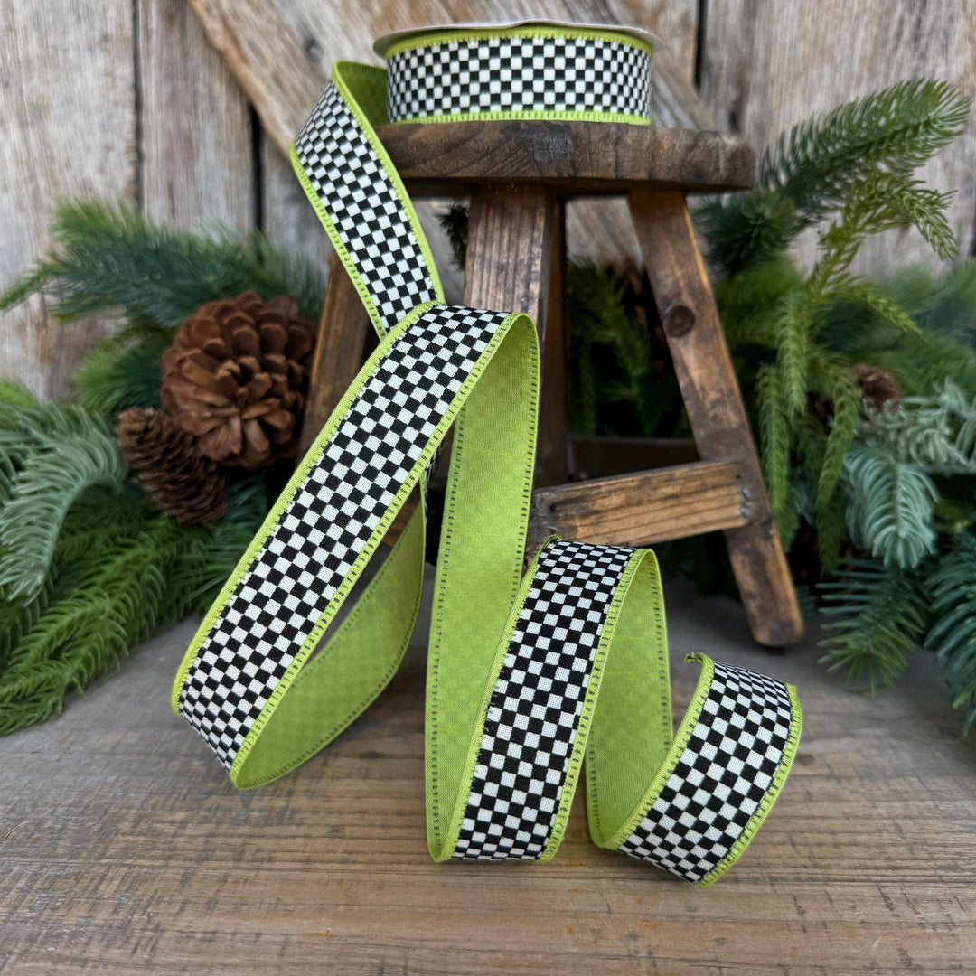 1" Black White Check Ribbon with Lime Green Trim