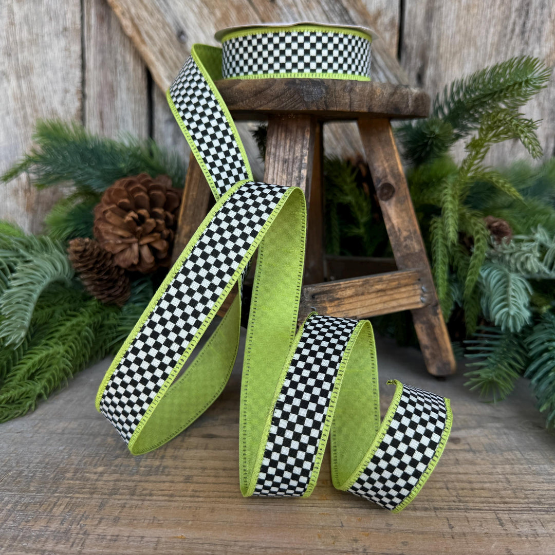 1" Black White Check Ribbon with Lime Green Trim