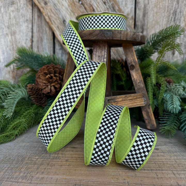 1" Black White Check Ribbon with Lime Green Trim