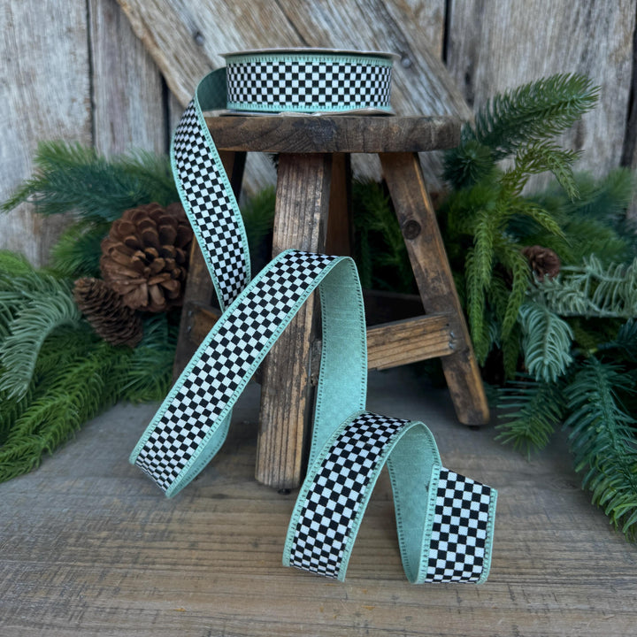 1" Black White Check Ribbon with Mint Green Trim