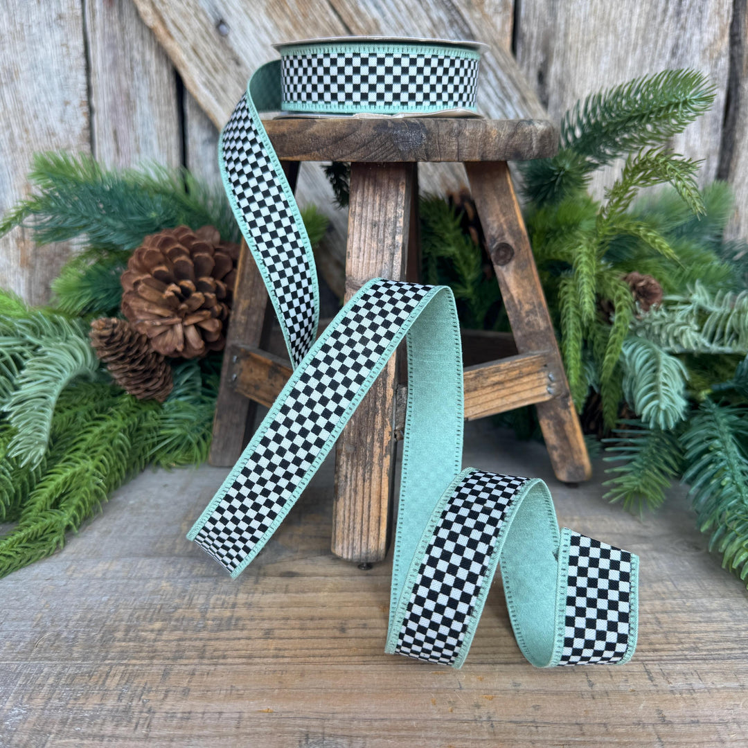 1" Black White Check Ribbon with Mint Green Trim