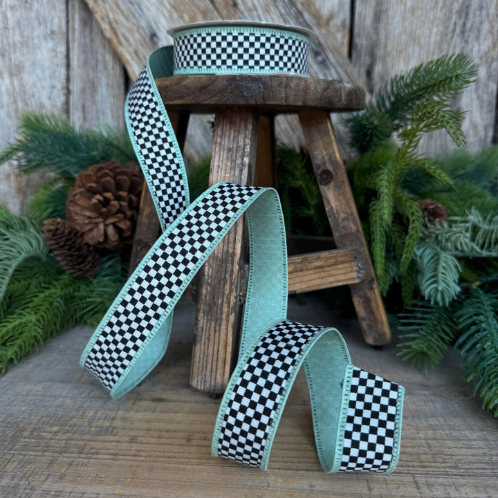 1" Black White Check Ribbon with Mint Green Trim