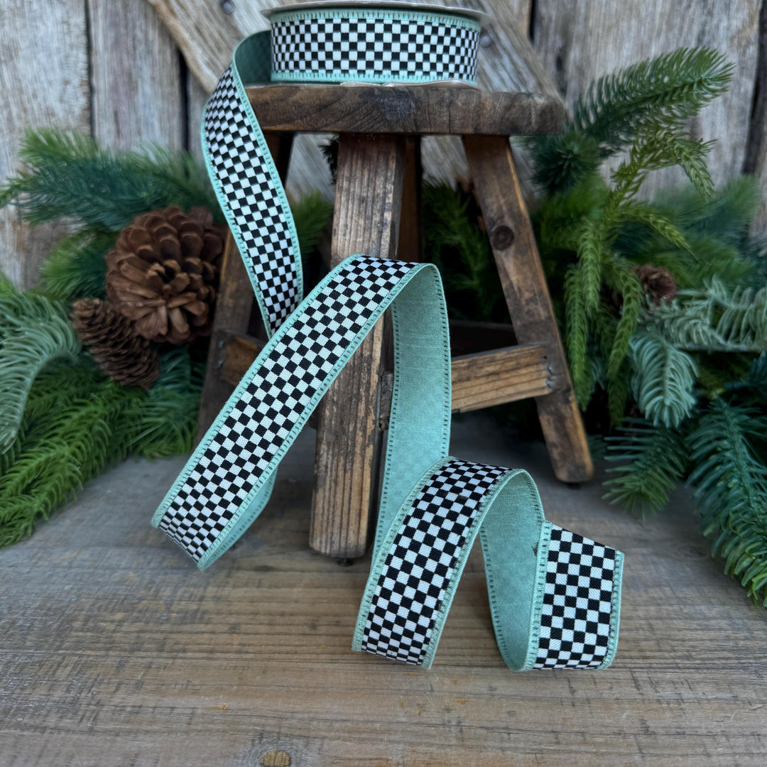 1" Black White Check Ribbon with Mint Green Trim
