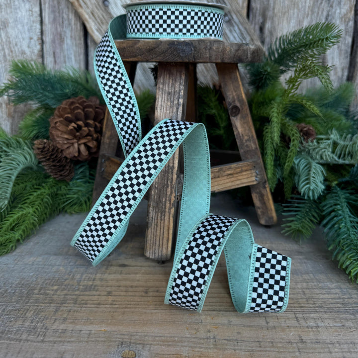 1" Black White Check Ribbon with Mint Green Trim