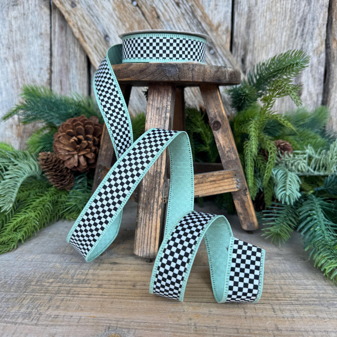 1" Black White Check Ribbon with Mint Green Trim