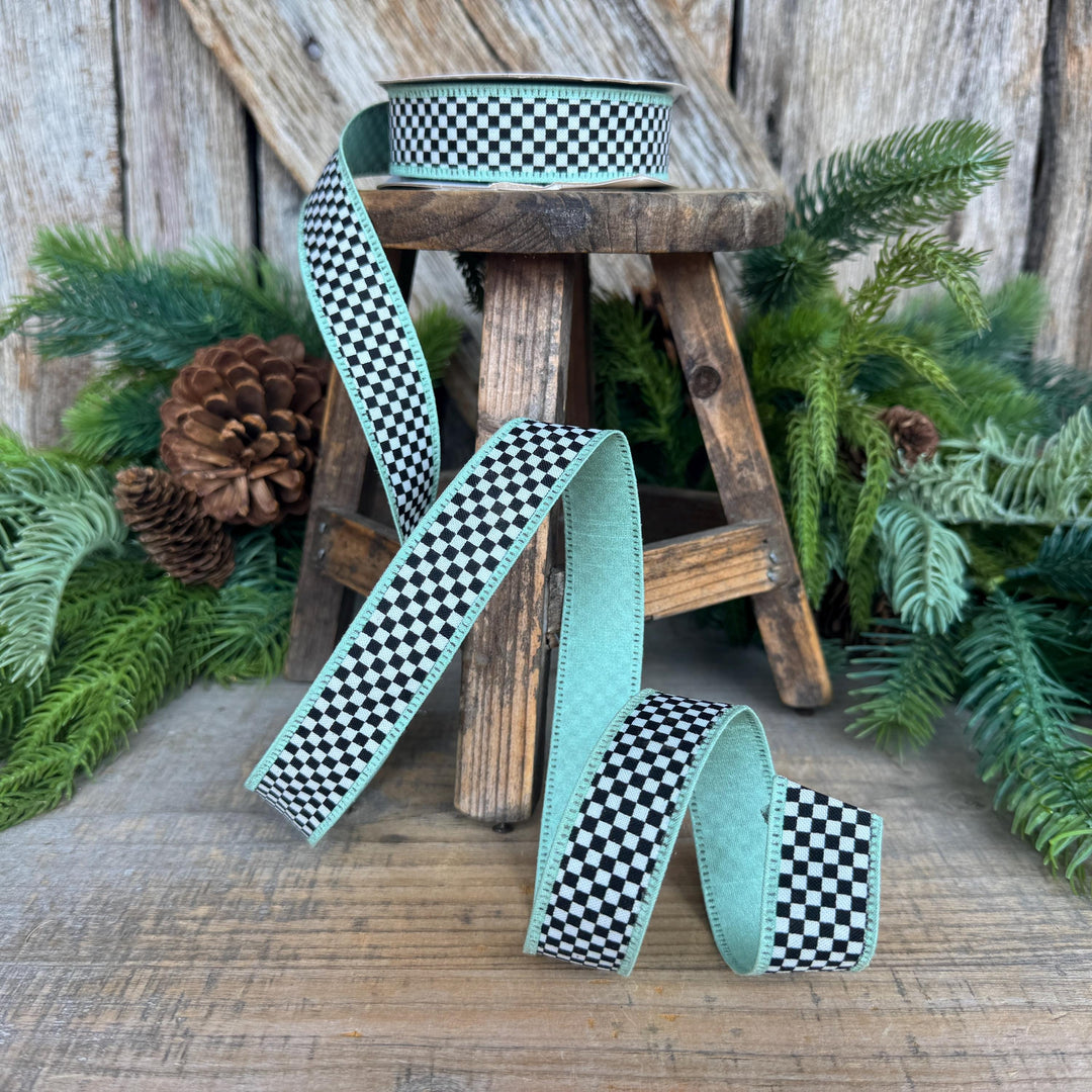1" Black White Check Ribbon with Mint Green Trim