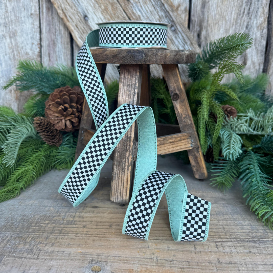 1" Black White Check Ribbon with Mint Green Trim