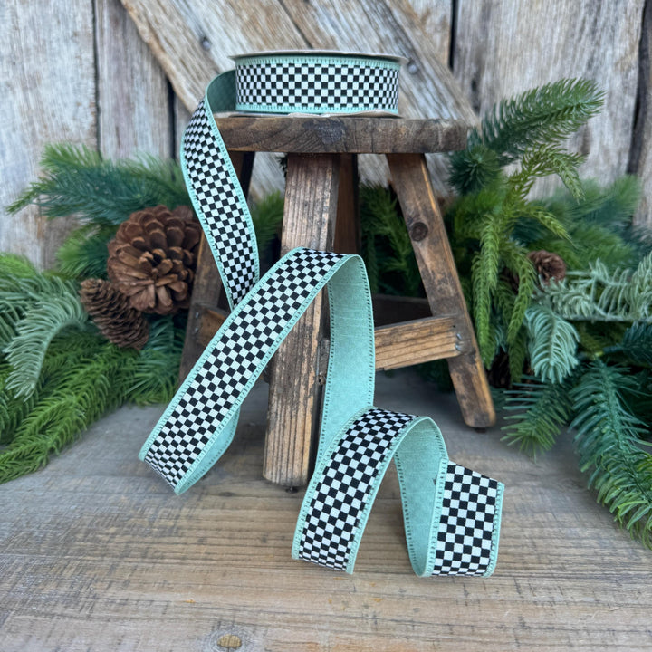 1" Black White Check Ribbon with Mint Green Trim